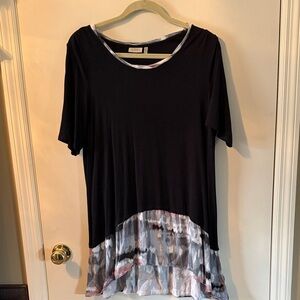 LOGO by Lori Goldstein Black Short-Sleeve Tunic with Neutral Tie-Dye Hem